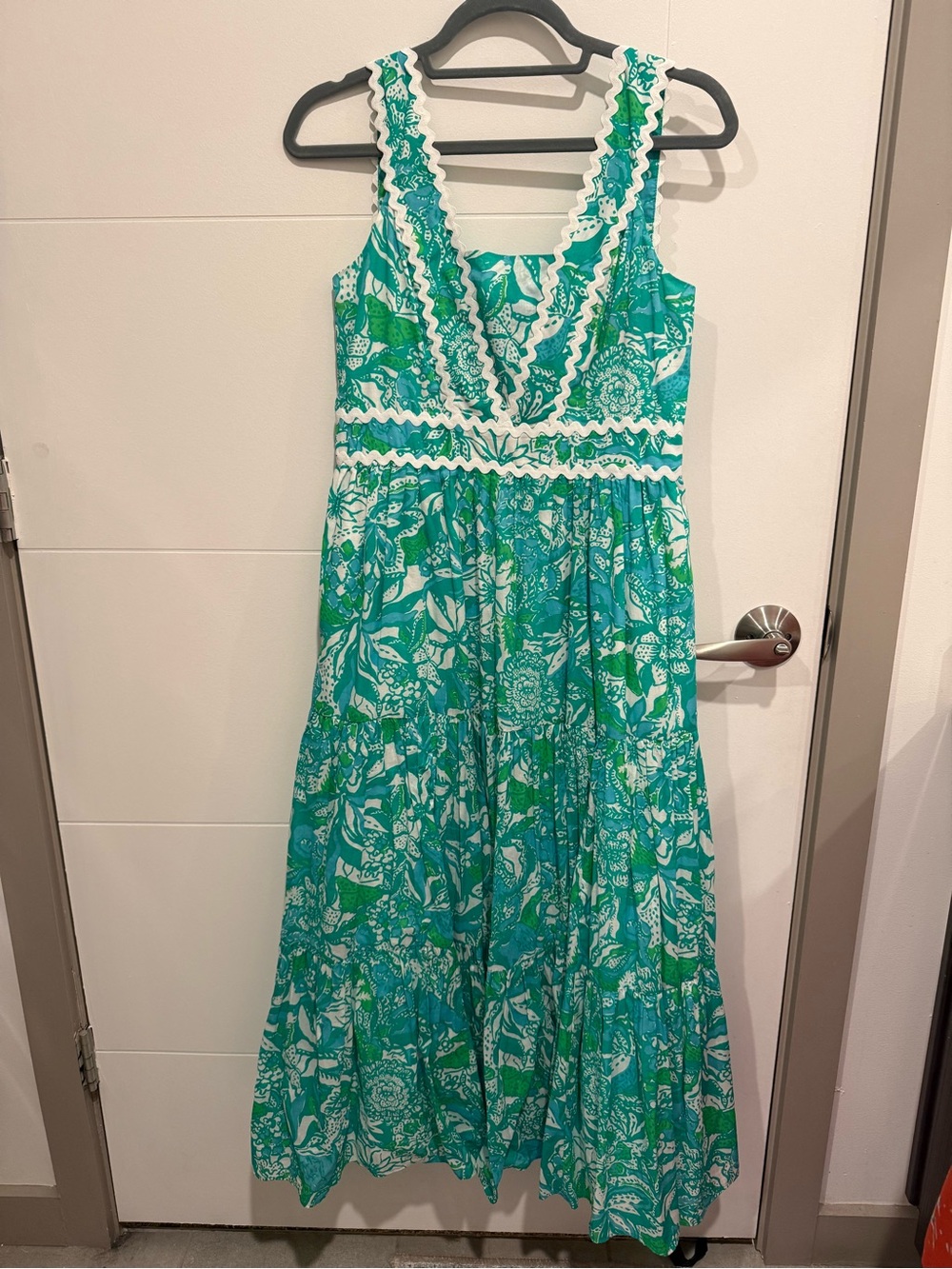 Lilly Pulitzer Teal and White Printed Sundress with Scalloped Trim